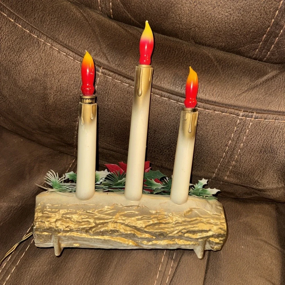 Vintage Christmas Electric 3 Candle Log Table Decoration Blow Mold Lighted